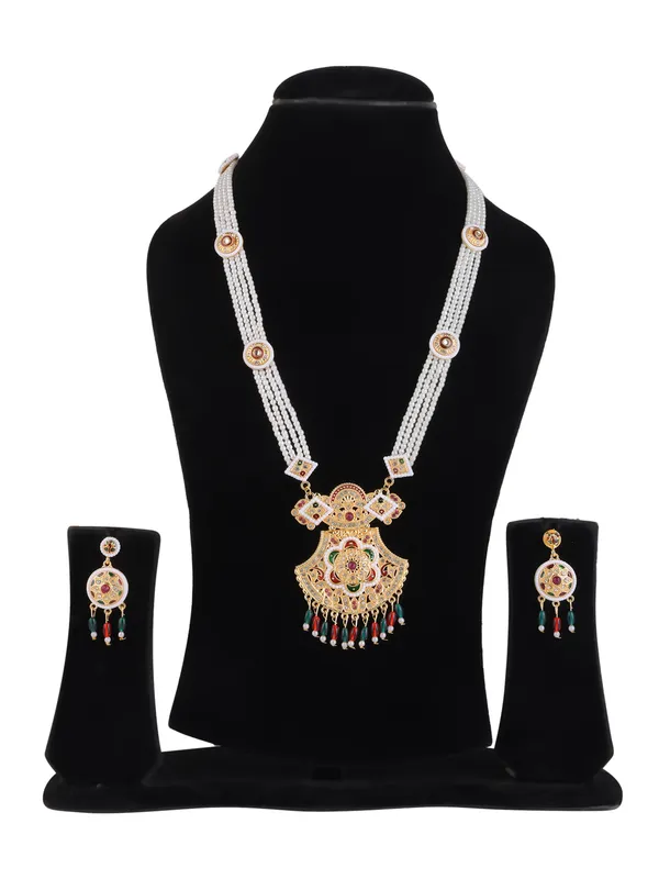Multicolor_Pearl_Gold_Kundan_Geometric_Fan_Pendant_Rani_Haar_Set_For_Women