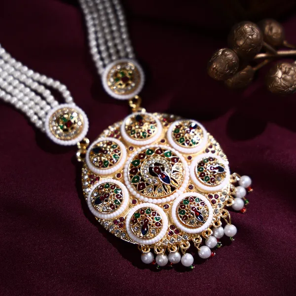 Multicolor_Pearl_Gold_Enamel_Peacock_Medallion_Rani_Haar_Set_For_Women