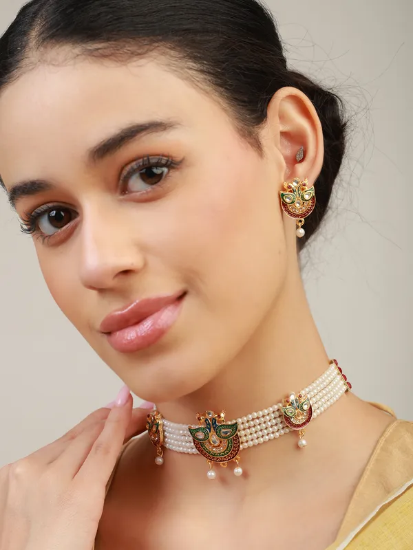 Multicolor_Pearl_Dual_Peacock_Meenakari_Kundan_Choker_Necklace_Set_For_Women