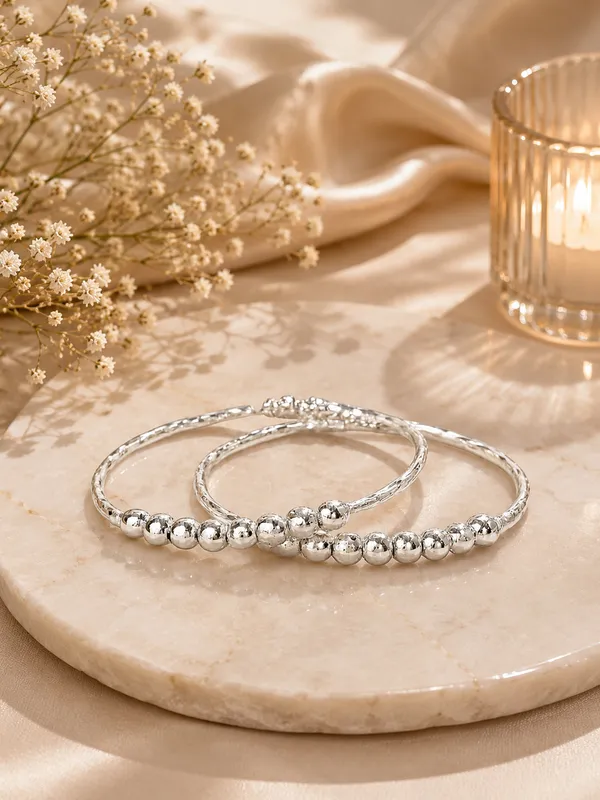 Silver_Brass_Diamond-Textured_Bead_Open_Cuff_Bangle_Bracelet_Set_For_Girls