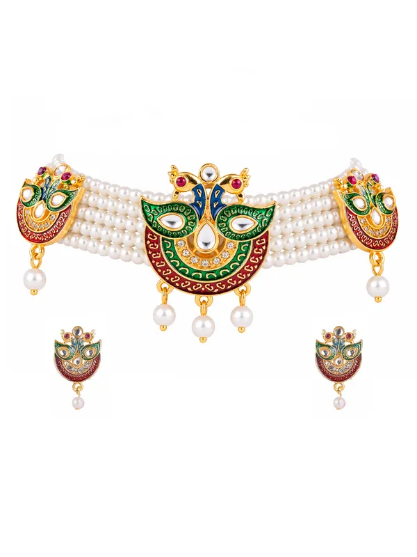 Multicolor_Pearl_Dual_Peacock_Meenakari_Kundan_Choker_Necklace_Set_For_Women