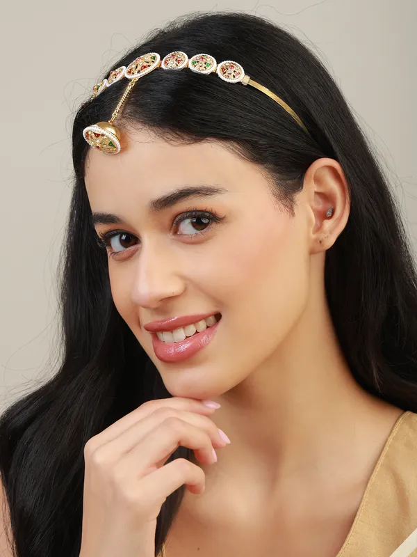 Multicolor_Gold_Meenakari_Pearl_Medallion_Hairband_Borla_Sheeshpatti_For_Women