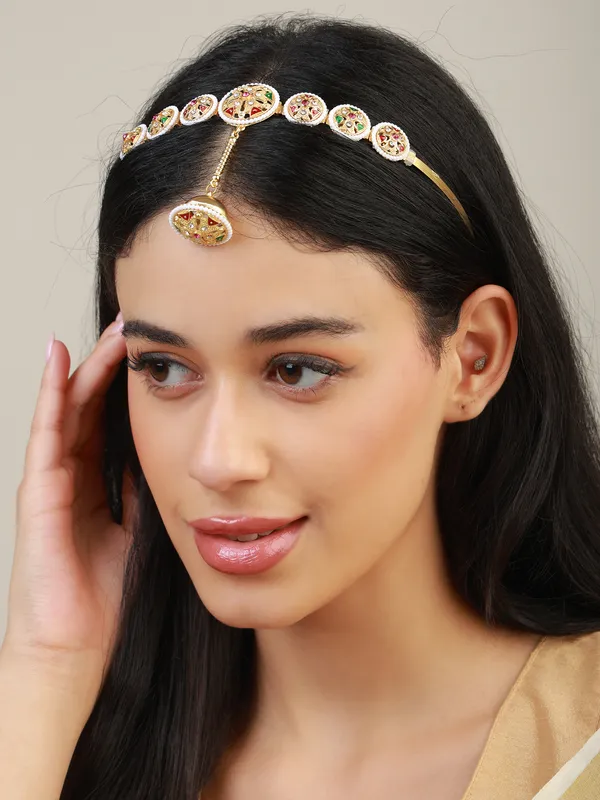 Multicolor_Gold_Meenakari_Pearl_Medallion_Hairband_Borla_Sheeshpatti_For_Women
