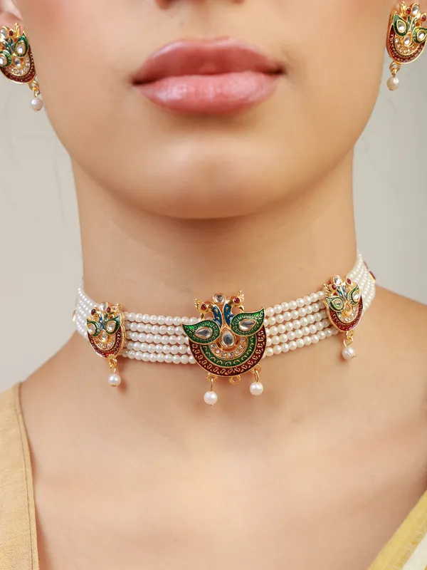 Multicolor_Pearl_Dual_Peacock_Meenakari_Kundan_Choker_Necklace_Set_For_Women