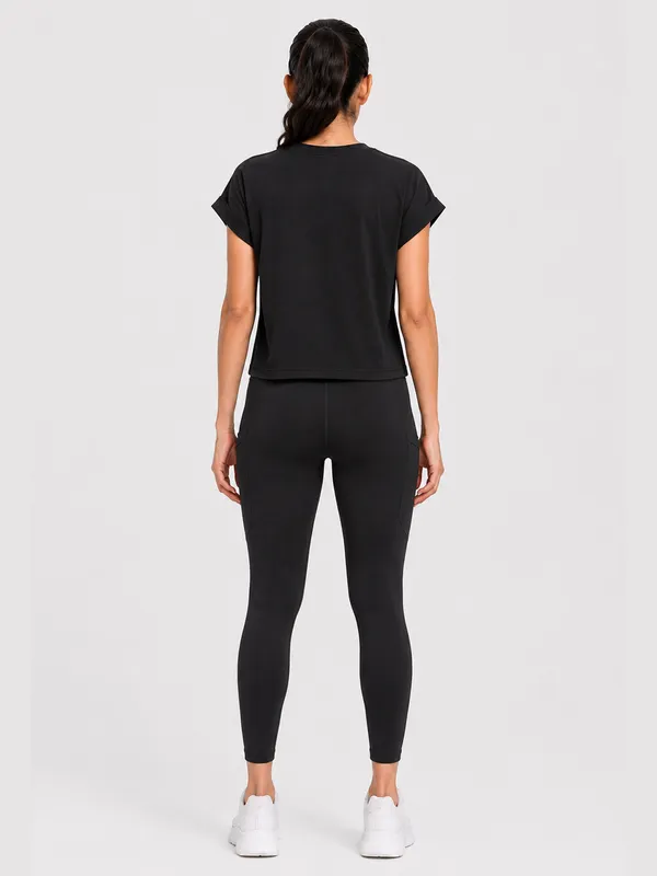 JUST_EASY_Women_Black_Cropped_Crew-Neck_Active_T-Shirt
