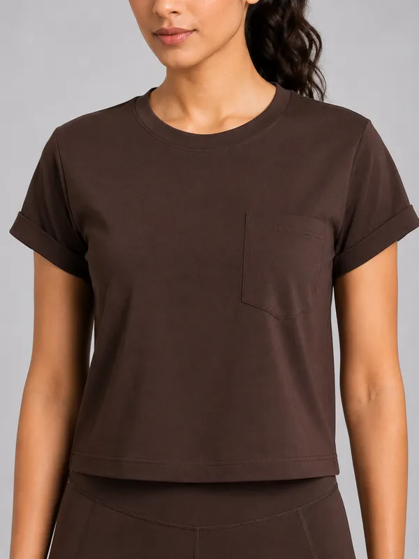 JUST_EASY_Women_Espresso_Cropped_Crew-Neck_Active_T-Shirt