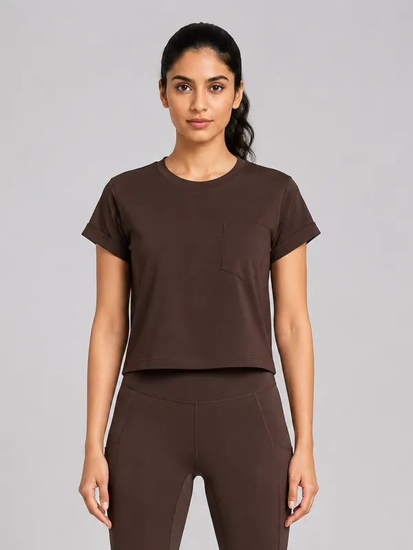 JUST_EASY_Women_Espresso_Cropped_Crew-Neck_Active_T-Shirt