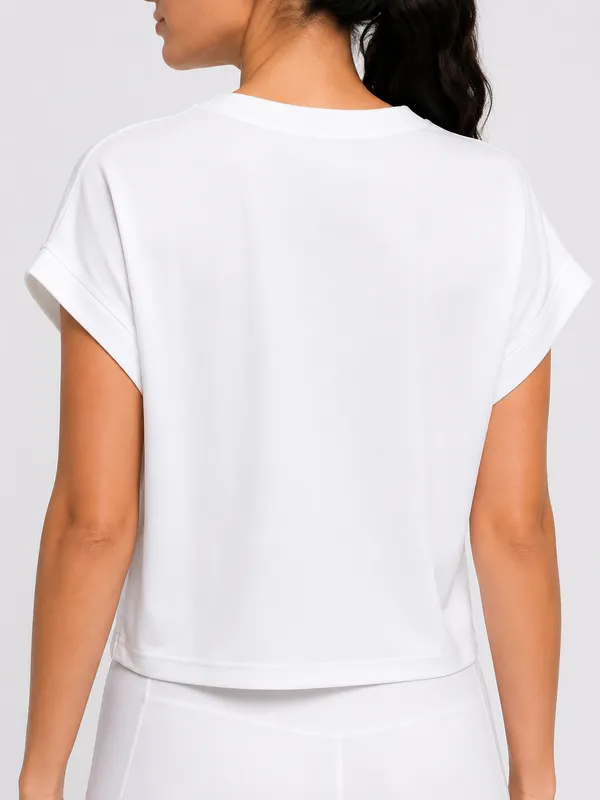 JUST_EASY_Women_White_Cropped_Crew-Neck_Active_T-Shirt