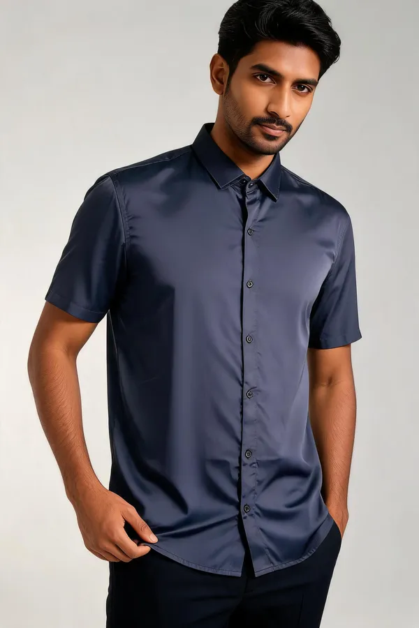 Navy_Silk_Short_Sleeve_Solid_Shirt_For_Men