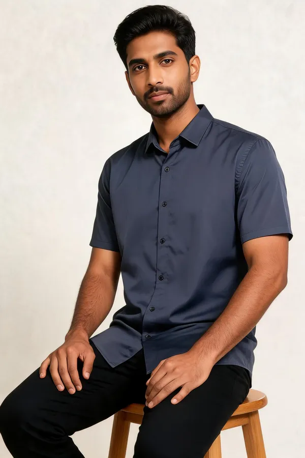 Navy_Silk_Short_Sleeve_Solid_Shirt_For_Men