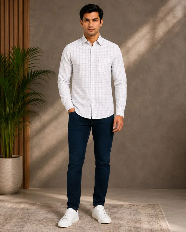 White_Cotton_Regular_Fit_Checkered_Shirt_For_Men