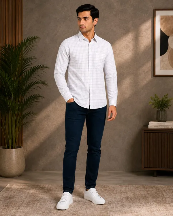 White_Cotton_Regular_Fit_Checkered_Shirt_For_Men