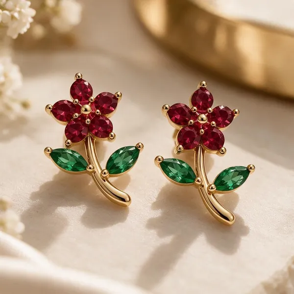 Gold_Plated_Red_Green_Crystal_Floral_Stud_Earrings_For_Women