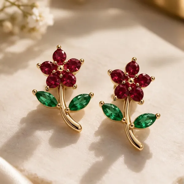 Gold_Plated_Red_Green_Crystal_Floral_Stud_Earrings_For_Women