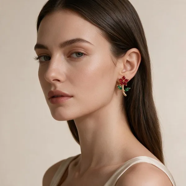 Gold_Plated_Red_Green_Crystal_Floral_Stud_Earrings_For_Women