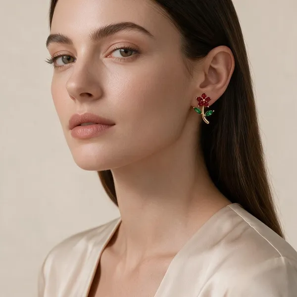 Gold_Plated_Red_Green_Crystal_Floral_Stud_Earrings_For_Women
