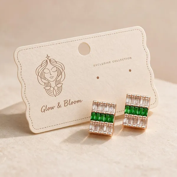 Gold_Plated_Emerald_Green_Rectangular_Halo_Stud_Earrings_For_Women