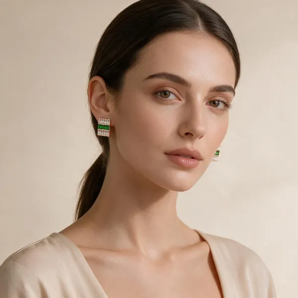 Gold_Plated_Emerald_Green_Rectangular_Halo_Stud_Earrings_For_Women