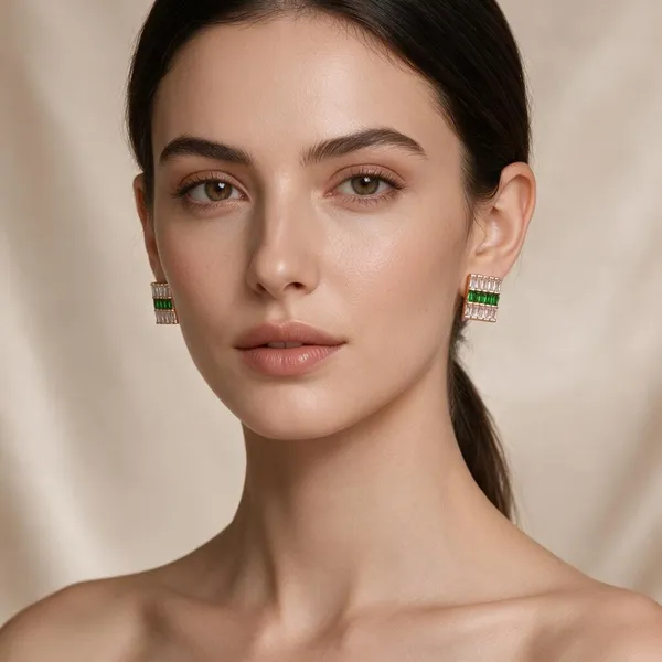 Gold_Plated_Emerald_Green_Rectangular_Halo_Stud_Earrings_For_Women