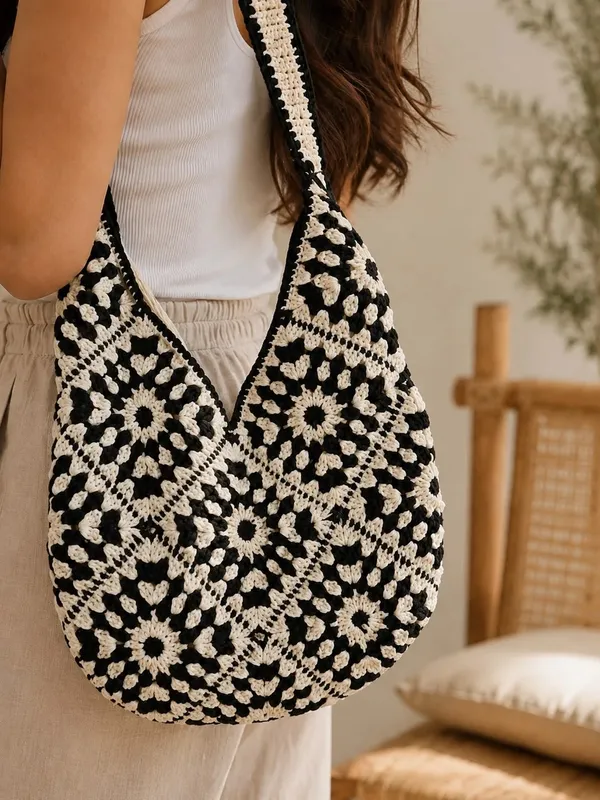 Black_White_Crochet_Boho_Sling_Bag