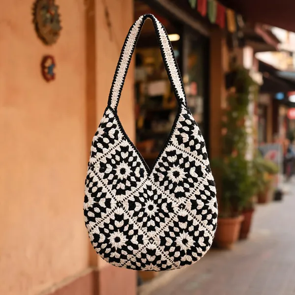 Black_White_Crochet_Boho_Sling_Bag