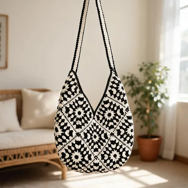 Black_White_Crochet_Boho_Sling_Bag
