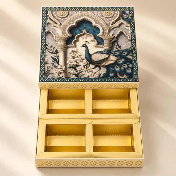 SriHaaweli_Combo_-_Peacock_Pattern_Four_Compartment_Decorative_gift_Box_257g_+_Decorative_Peacock_Design_Six_Compartment_gift_Box_373g_+_Haldi_Powder_250g