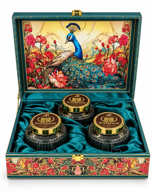 Peacock_Floral_Printed_Decorative_Gift_Box_With_Three_Jars