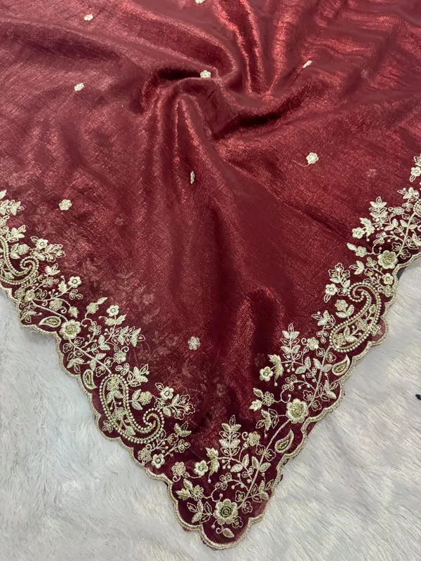 Maroon_Pure_Silk_Embroidered_Zari_Sequence_Work_Saree_For_Women