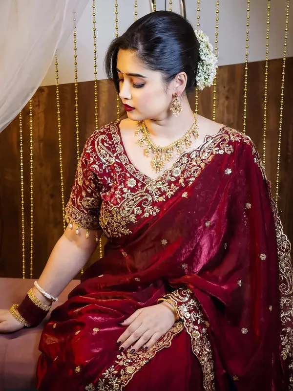 Maroon_Pure_Silk_Embroidered_Zari_Sequence_Work_Saree_For_Women