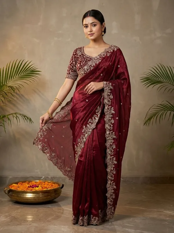 Maroon_Pure_Silk_Embroidered_Zari_Sequence_Work_Saree_For_Women