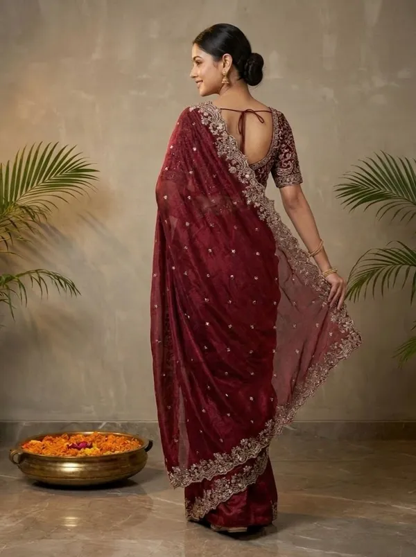 Maroon_Pure_Silk_Embroidered_Zari_Sequence_Work_Saree_For_Women