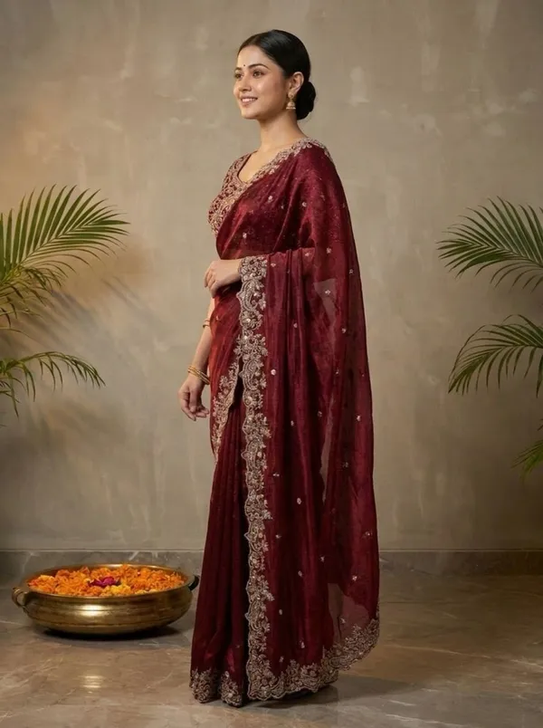 Maroon_Pure_Silk_Embroidered_Zari_Sequence_Work_Saree_For_Women