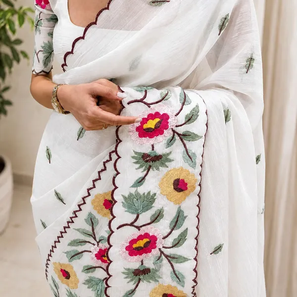 White_Kanchi_Cotton_Floral_Embroidered_Self_Design_Saree_For_Women