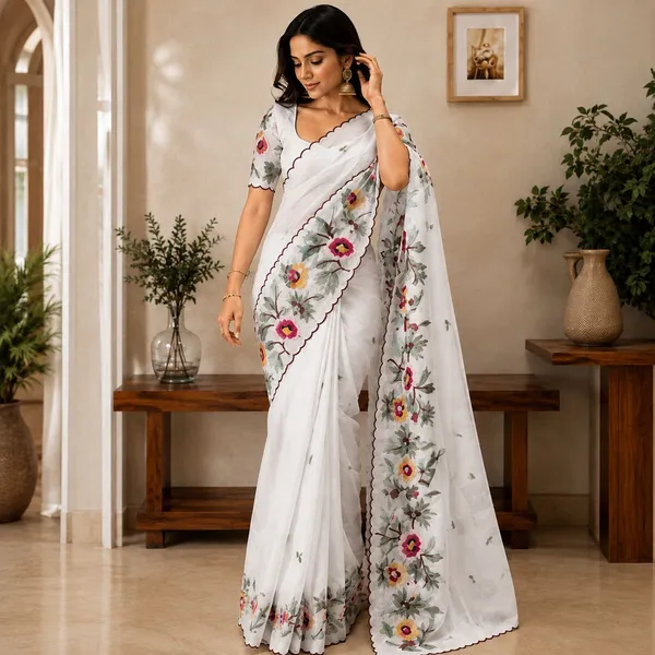 White_Kanchi_Cotton_Floral_Embroidered_Self_Design_Saree_For_Women