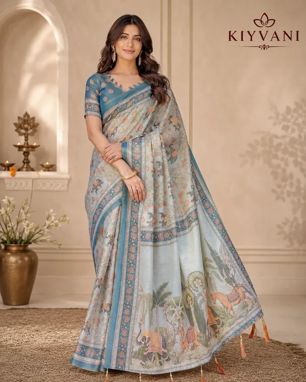Beige_Cotton_Linen_Elephant_Floral_Printed_Saree_For_Women
