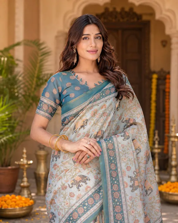 Beige_Cotton_Linen_Elephant_Floral_Printed_Saree_For_Women