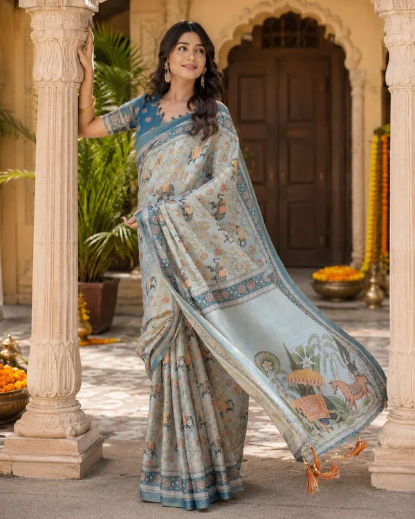 Beige_Cotton_Linen_Elephant_Floral_Printed_Saree_For_Women