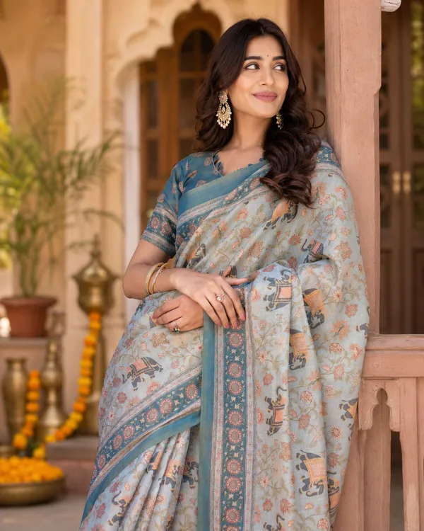 Beige_Cotton_Linen_Elephant_Floral_Printed_Saree_For_Women