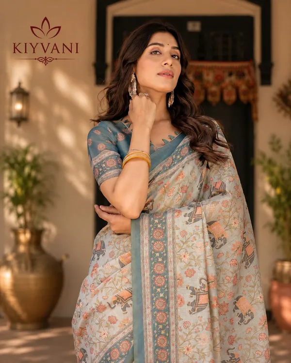 Beige_Cotton_Linen_Elephant_Floral_Printed_Saree_For_Women
