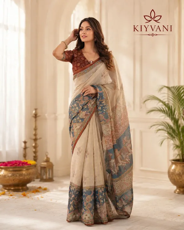 Cream_Cotton_Linen_Kalamkari_Floral_Printed_Saree_For_Women