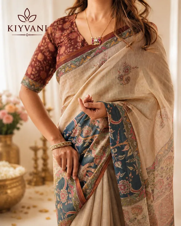 Cream_Cotton_Linen_Kalamkari_Floral_Printed_Saree_For_Women