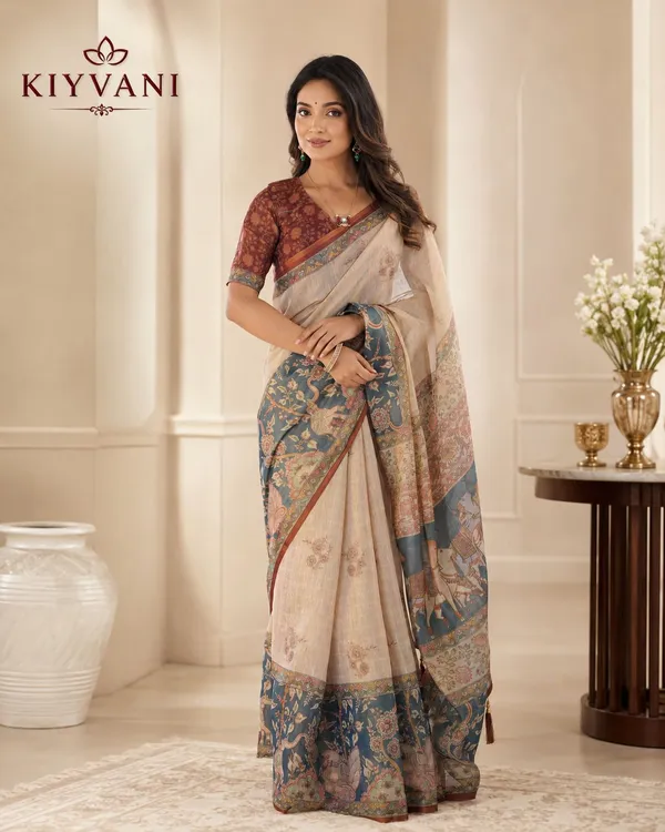 Cream_Cotton_Linen_Kalamkari_Floral_Printed_Saree_For_Women