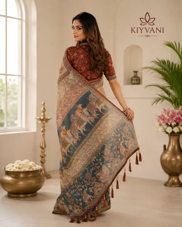Cream_Cotton_Linen_Kalamkari_Floral_Printed_Saree_For_Women