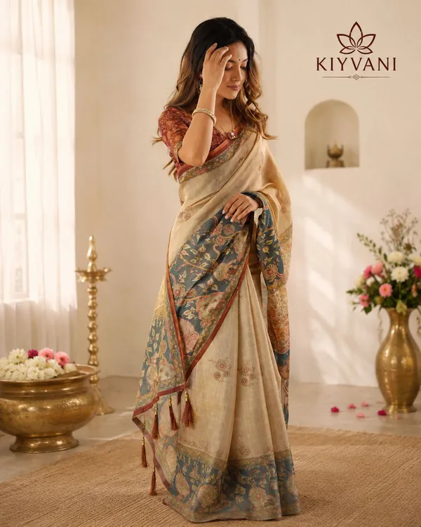 Cream_Cotton_Linen_Kalamkari_Floral_Printed_Saree_For_Women