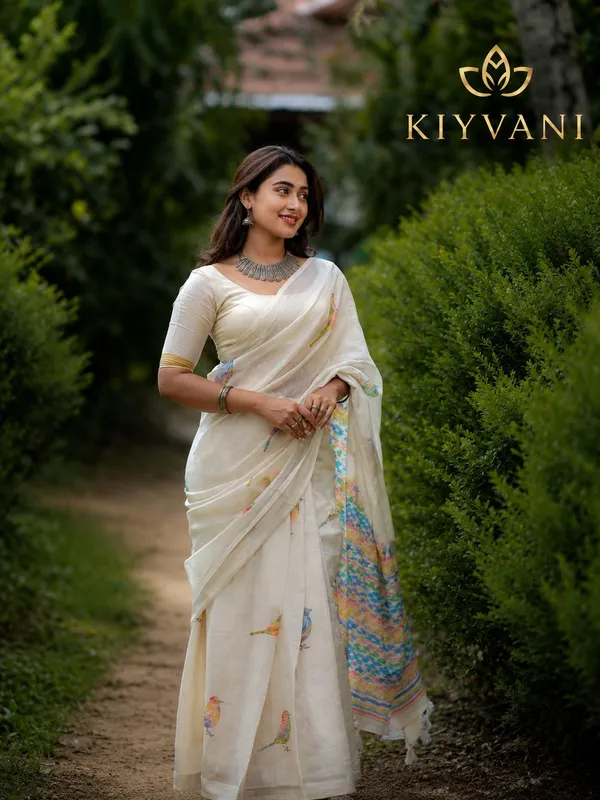 White_Cotton_Linen_Bird_Motif_Printed_Saree_For_Women