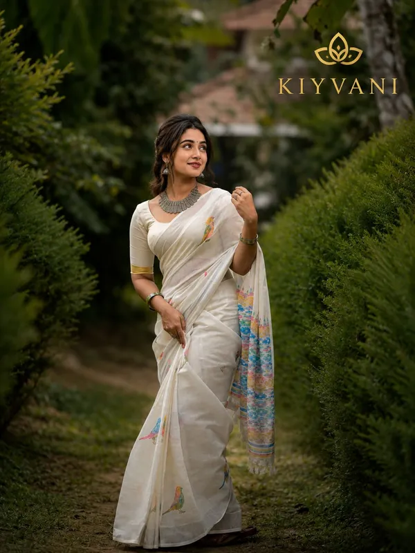 White_Cotton_Linen_Bird_Motif_Printed_Saree_For_Women