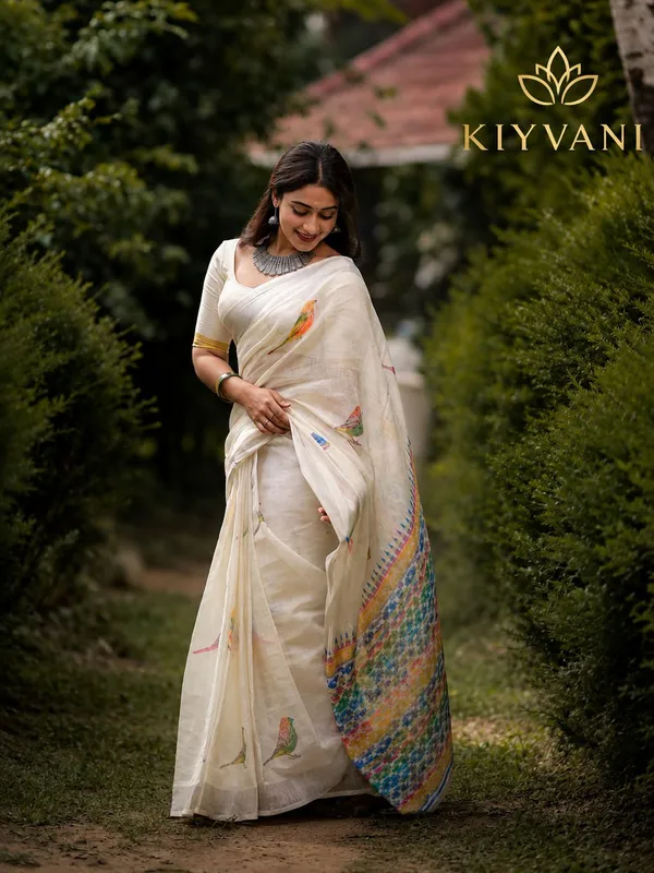 White_Cotton_Linen_Bird_Motif_Printed_Saree_For_Women