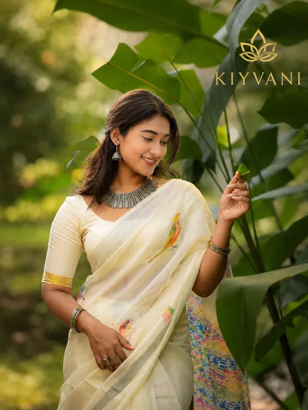White_Cotton_Linen_Bird_Motif_Printed_Saree_For_Women