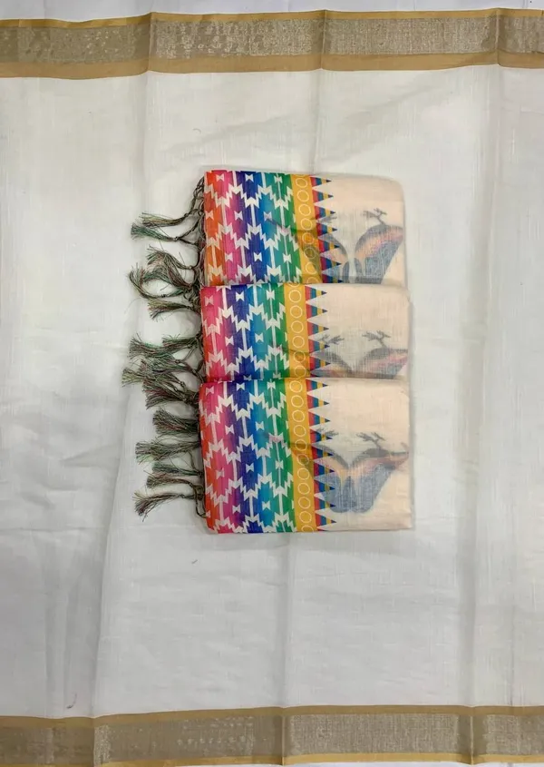 White_Cotton_Linen_Bird_Motif_Printed_Saree_For_Women